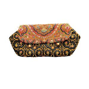 ODETTE Vintage Black & Multicolor Beaded Clutch With Embroidered Flap
